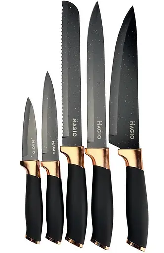 Універсальний набір кухонних ножів з підставкою Magio MG-1091 5 ножів для кухні Чорні - фото 1