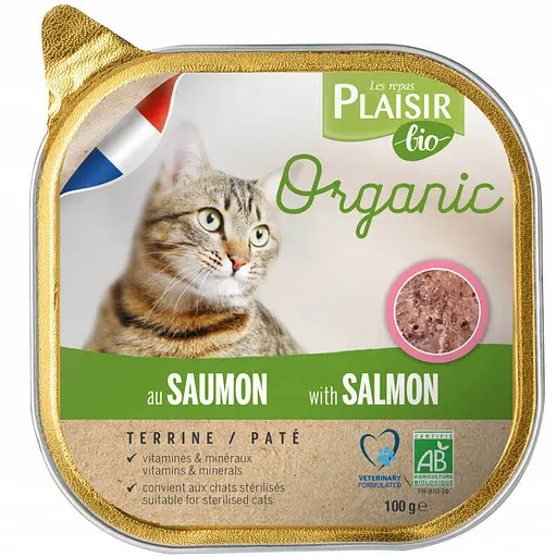 Полнорационный влажный корм с лососем для взрослых котов (террин) Plaisir Bio Organic Adult Cat Salmon Terrine - 100 г