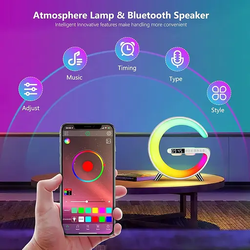 Атмосферна лампа з бездротовим зарядним пристроєм, інтелектуальна світлодіодна настільна лампа, Bluetooth-динамік, затемнене нічне - фото 6