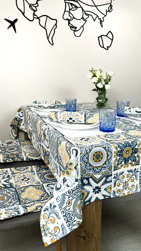 Водоотталкивающая Скатерть Витраж плитка синяя 220х140 см (+ 4 салфетки 30х40) - фото 3