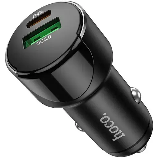 Автомобильное зарядное устройство Hoco Z42 Light road dual port digital display PD20W + QC3.0 car charger Черный - фото 1