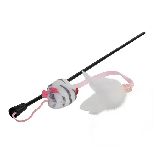 Іграшка для котів Дражнилка на стеку з мишкою зі звуковим ефектом GiGwi Teaser, перо, пластик, текстиль, 51 см - фото 1