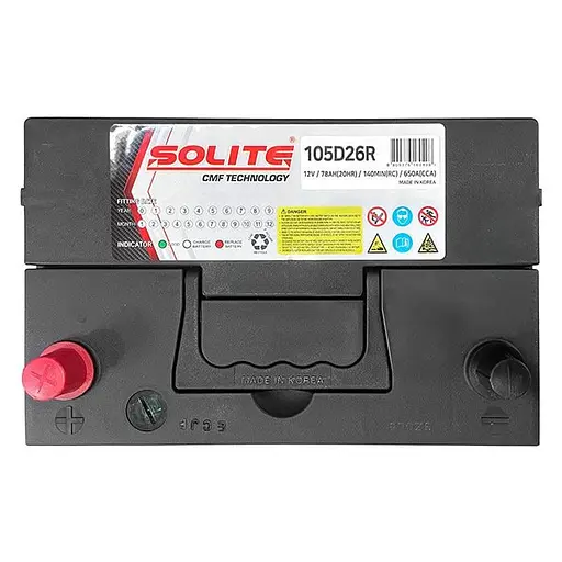 Аккумулятор Solite 6СТ-78Ah 105D26R ASIA (+/-) 650CCA 260 x 173 x 225 мм - фото 4