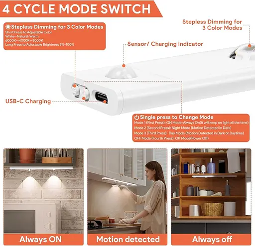 Підсвічування для кухонної шафи 2 шт. 40 см 3 режими датчик руху 2000 мАг USB-C - фото 3