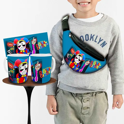 Набір:дитяча сумка-бананка+кружка Цифровий Цирк «Amazing Digital Circus» 32х15см,бананка для хлопчика через плече (01005)