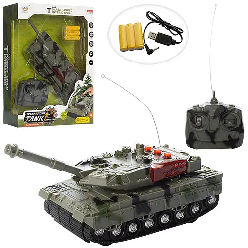Танк на радиоуправлении, аккумулятор, 24 см, USB-зарядка, поворот на 360 градусов, звук, свет, 34x25.5x9 см