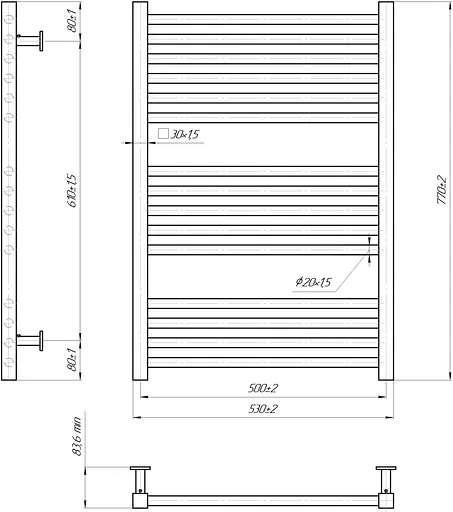 Водяна рушникосушка Mario Inox Гера 770x530/500 1.7.044546.P, Хром, нижнее - фото 4