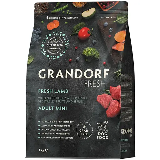 Сухий беззерновий корм для дорослих собак малих порід Grandorf Fresh Lamb & Sweet Potato Adult Dog Mini  з ягням та бататом 3 кг