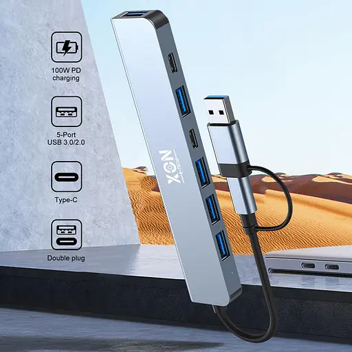 USB-хаб XON SmartHub 7 в 1 (2xType-C, USB3.0, 4xUSB2.0) Серый (UHUHP071342G 5184) - фото 7