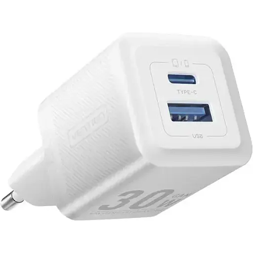 Мережевий зарядний пристрій Vention 2-Port USB (C + A) GaN Charger (30W/30W) EU-Plug білий - фото 1