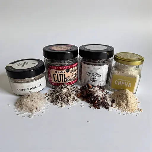 Набор украинских солей: Грибная, Копченая груша, Сырная и Соль с вялеными помидорами – Идеальный подарок для гурманов - фото 2