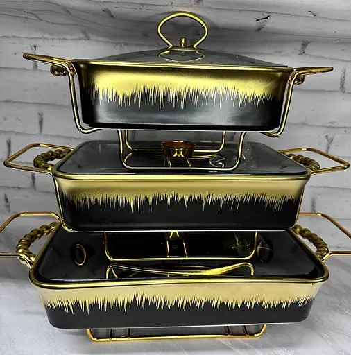 Набор из 3-х мармитов керамических прямоугольных Kitchen с крышками из стекла Черно Золотой - фото 1