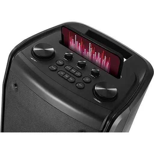 Колонка портативная 2.0 Real-El X-797, Black, 90 Вт (2 x 45 Вт), Bluetooth, AUX/USB/microSD, RGB подсветка, два микрофонных входа с функцией `эхо`, пульт ДУ, аккумулятор 88.8 Вт/ч - фото 5