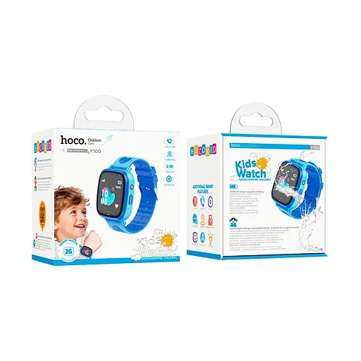Дитячий смарт годинник Hoco Y100, функція дзвінка та камера, кнопка SOS, ліхтарик, Blue Box - фото 3