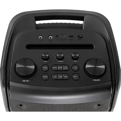 Колонка портативная 2.0 Real-El X-797, Black, 90 Вт (2 x 45 Вт), Bluetooth, AUX/USB/microSD, RGB подсветка, два микрофонных входа с функцией `эхо`, пульт ДУ, аккумулятор 88.8 Вт/ч - фото 6