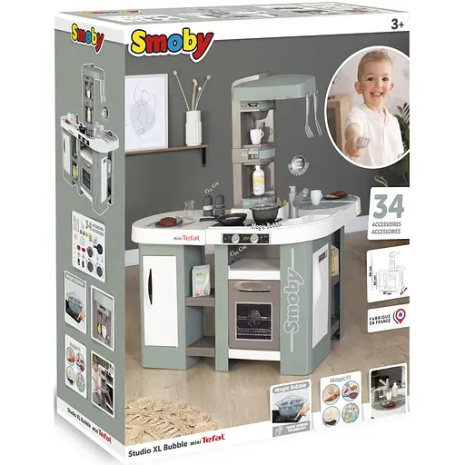 Игровой набор Smoby Большая интерактивная кухня Тефаль Студио с эффектом кипения 34 аксессуара Мятно-серая с белым (311053) - фото 7