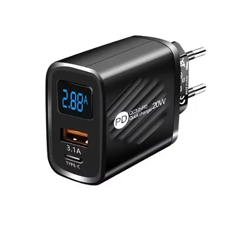 Зарядний пристрій 20W на 2 порти 1-USB, 1-PD з екраном Black 