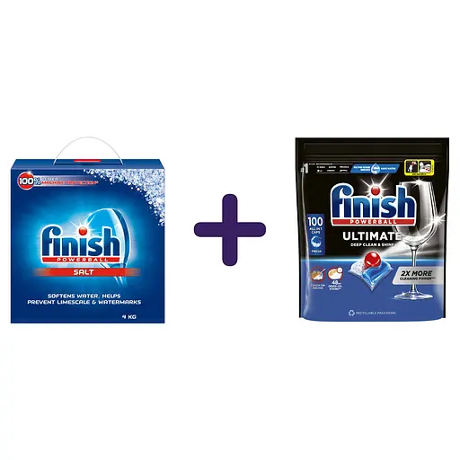 Набор Finish: соль для посудомоечных машин Finish 4 кг + капсулы для посудомоечных машин Finish Ultimate All in 1 100 шт. - фото 1