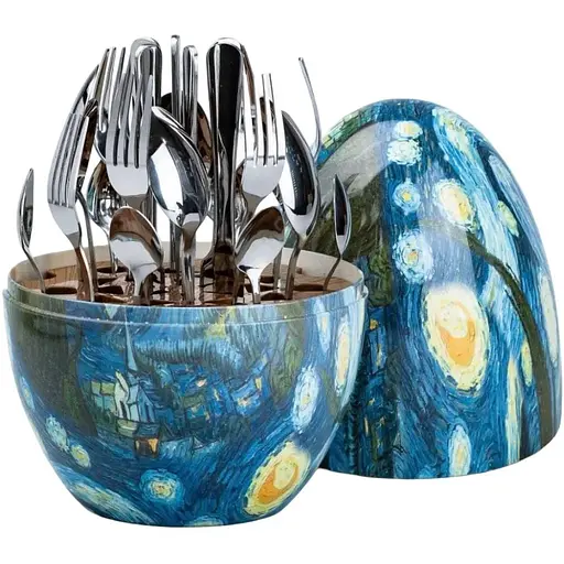 Набор столовых приборов TS Kitchen Ван Гог на 6 персон из нержавеющей стали Серебристые 24 штуки в яйце - фото 1