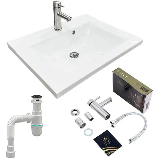 Набір для ванної кімнати Adamant раковина умивальник QUANTO 60 штучний камінь прямокутна з сифоном Click-Clack + змішувач - фото 1