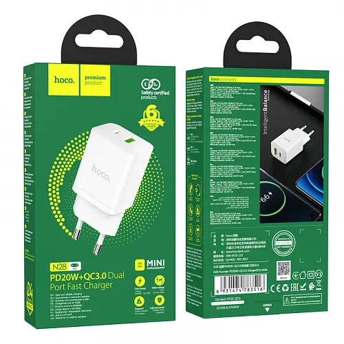 Сетевое зарядное устройство Hoco N28 Founder PD20W + QC3.0 charger Белый - фото 2