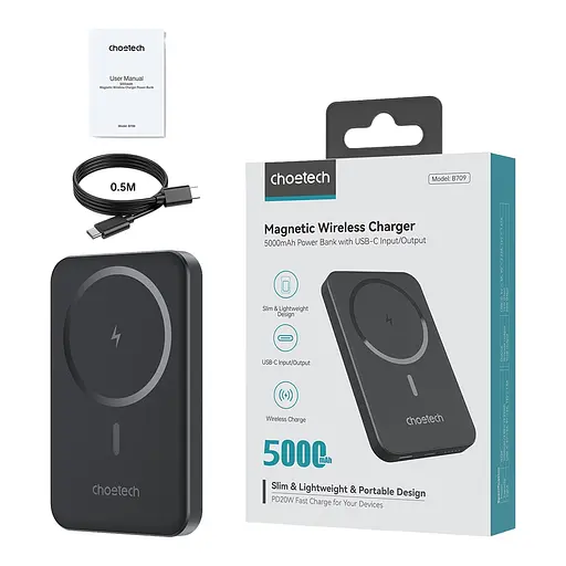 Повербанк 5000mAh Choetech B709 Black PD3.0 бездротова магнітна зарядка (43-00148) - фото 3