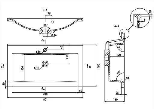 Раковина глянцева врізна Amidicon Victoria 80 800x450 з литого каменю VICTORIA_80_HL, Білий - фото 6