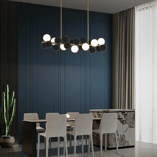 Удлиненная латунная люстра HOLLY L с черно-белыми плафонами Line.F MJ 191-1120 AB+WT+BK - фото 1