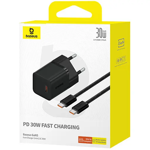СЗУ Baseus GaN5 Fast Charger (mini) 30W (1USB-C) + кабель Type-C to Type-C (P10110902) - фото 6