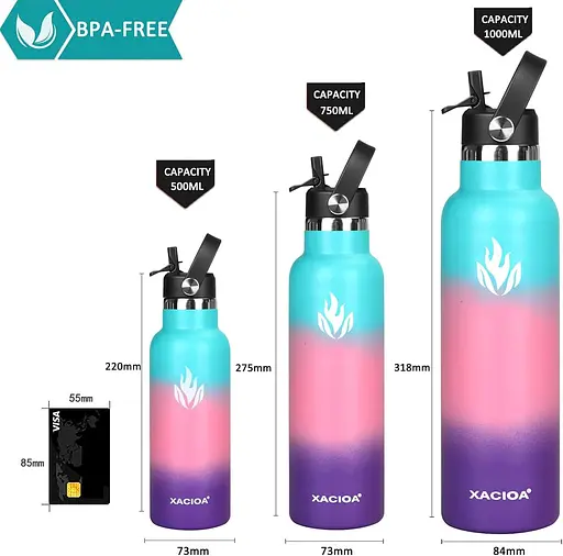 Пляшка для води з нержавіючої сталі XACIOA із соломою - для гарячих/холодних напоїв 1000мл Вакуумна ізольована герметична - фото 5