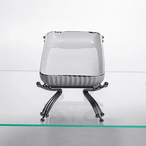 Фарфоровое сервировочное блюдо на металлической подставке 29.5×12×9 (см) блюдо для подачи закусок Белый с серебром Yiwu LB-1565S - фото 4