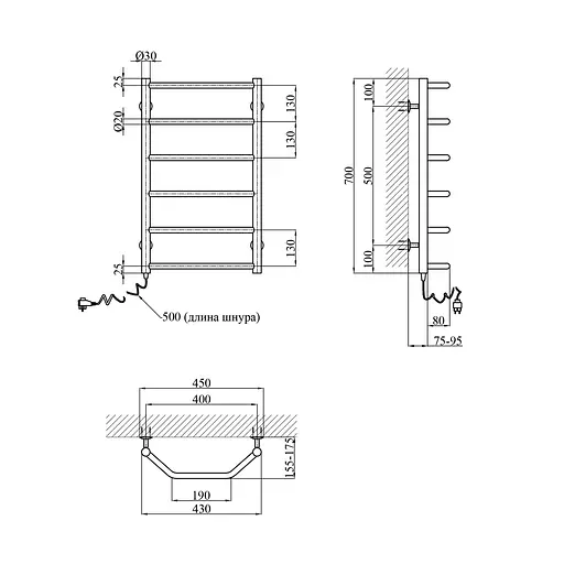 Рушникосушарка електрична Kroner Трапеція ДТEL 700x400/6 EL CV026133, Хром, Ліве - фото 2