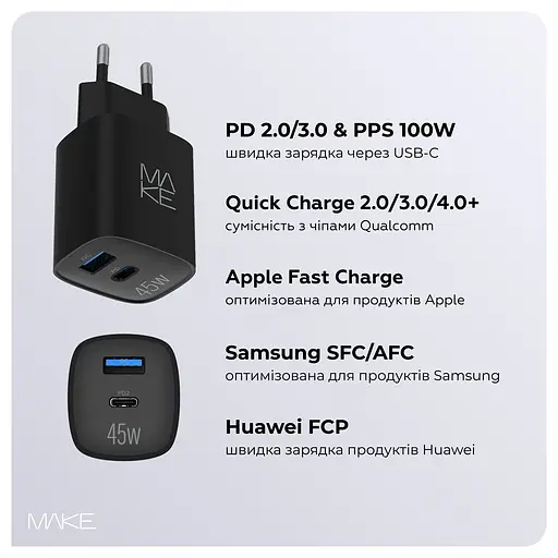 Зарядное устройство сетевое MAKE 45W GaN3 Mini Type-C PD + USB QC4.0 Black - фото 2
