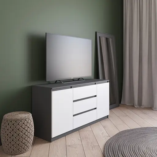 Комод под телевизор Vays R-15 Антрацит-Белый фасад, 3 ящика и 2 отделения с полками, без ручек, ЛДСП, 140×40×75 см - для спальни, гостиной