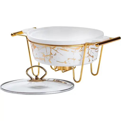 Мармітниця  Yiwu порцелянова кругла 1 л зі скляною кришкою золотий мармур HP1037 - фото 3