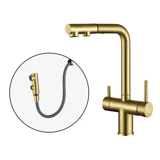 Смеситель для кухни с выдвижным изливом и подключением к фильтру золотой Nett FWG-33 Золотой - фото 1