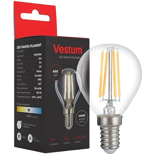 Светодиодная филаментная лампа Vestum G45 Е14 5Вт 220V 4100К 1-VS-2229