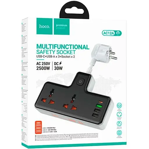 Сетевой фильтр HOCO AC12A на 2 розетки + 3 USB + USB-C, 30W, кабель 1 м, 220В, Black, Box - фото 3