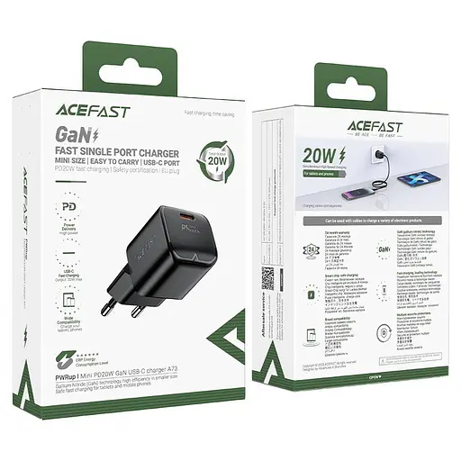 Мережевий зарядний пристрій Acefast A73 mini PD20W GaN USB-C charger чорний - фото 2