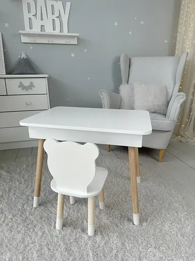 Дитячий столик з ящиком для олівців + стільчик Ведмедик (Білий) - фото 3