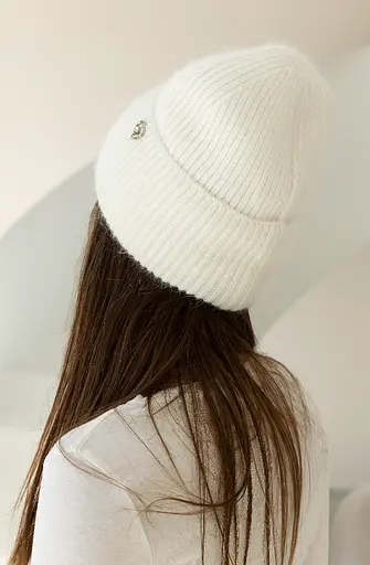 Теплая женская шапка Ангора Сердечко с флисовой подкладкой Белый - фото 3