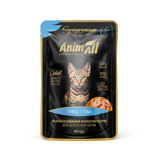 Вологий корм для дорослих котів AnimAll тунець 80 г 
