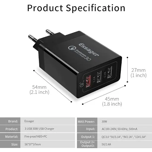 Адаптер блок живлення 3 порти (виходу) Essager Fangbo QC3.0 3U (QC+Dual 2.4A) чорний - фото 4