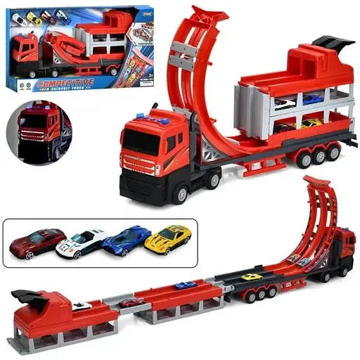 Іграшка Metr+ Фура-трек інерція 2в1 4 металевих машинки з довжиною траси 60 см Червоний - фото 1