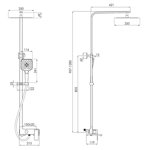 Душова система із виливом Imprese Violik верхній душ 250x250 мм ABS black matt t030B10810SQ, Чорний матовий - фото 2