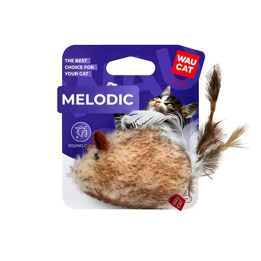 Іграшка для котів WAUCAT Fun Melodic Мишка зі звуковим чипом, штучне хутро, перо, 130 мм - фото 2