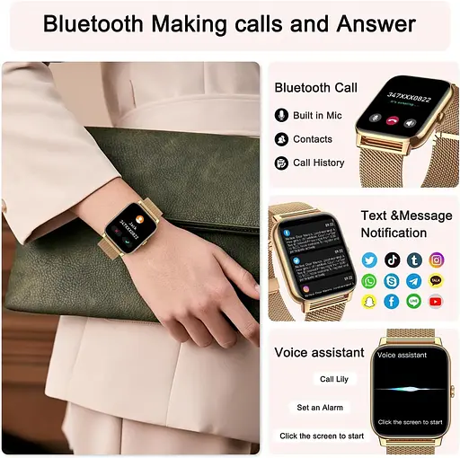 Женские умные часы с трекером упражнений: золотые умные часы для женщин, цифровые часы для мужчин, набор/ответ - фото 3