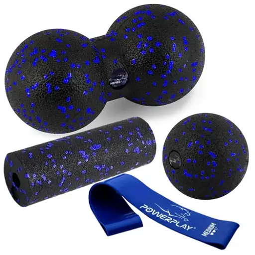 Набір для масажу та йоги PowerPlay PP_4091 EPP (2 м'ячики + валик масажер 15*5,3 см.) Blue + гумка 7,5 кг (PP_4091_Blue) - фото 1