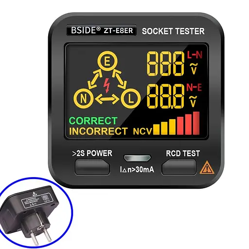 Тестер розеток цифровой BSIDE ZT-E8ER, с функцией бесконтактного индикатора напряжения (100756)