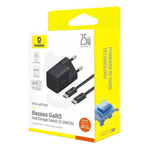 Мережевий зарядний пристрій Baseus GaN5 Fast Charger (mini) 1C 25W EU Cable Type-C to Type-C 1m чорний P10110909113-01 - фото 5